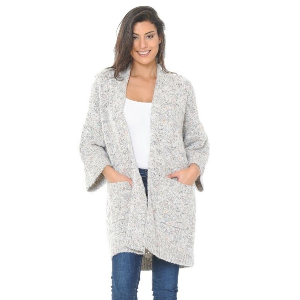 Women Oversized Open Front Cardigan Slouch Sweater Pockets Beige Gray S/M Palila